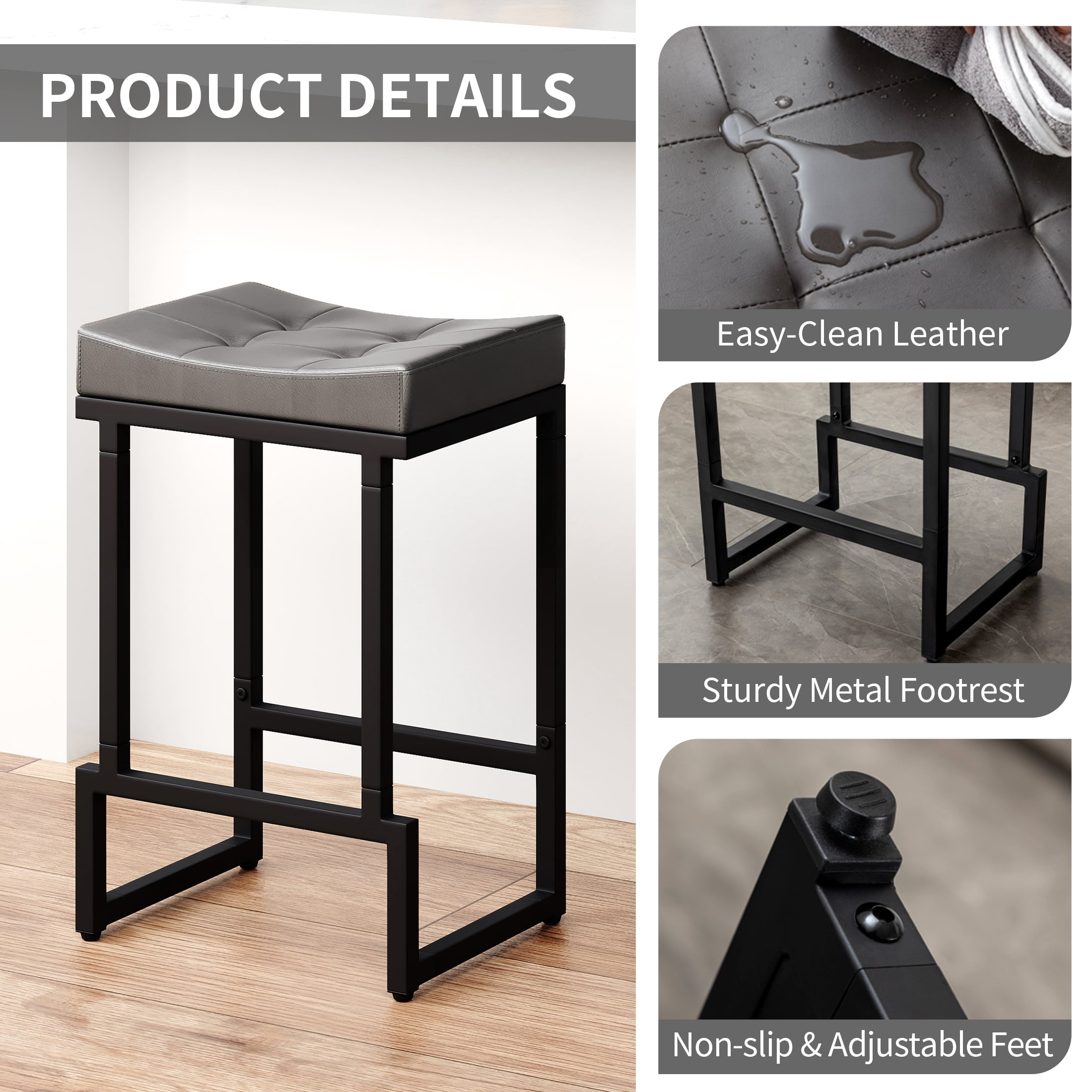 FIRAVOE Bar Stools Set of 2, 24" Counter Height Bar Stools (Backless) Faux Leather Saddle Counter Stools for Kitchen Island, Gray
