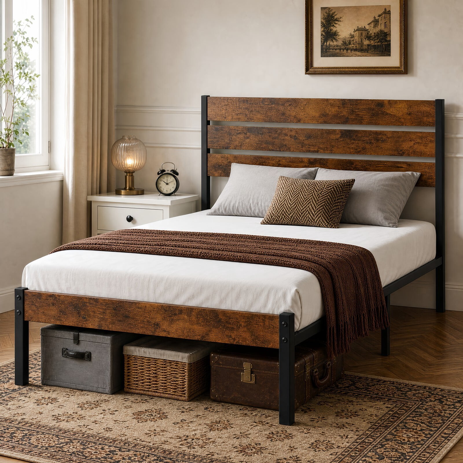 Kelno Industrial Full Size Bed Frame 800LBS Heavy Duty with Wooden Headboard 14 Inch Metal Platform Bed No Box Spring Needed, Rustic Brown