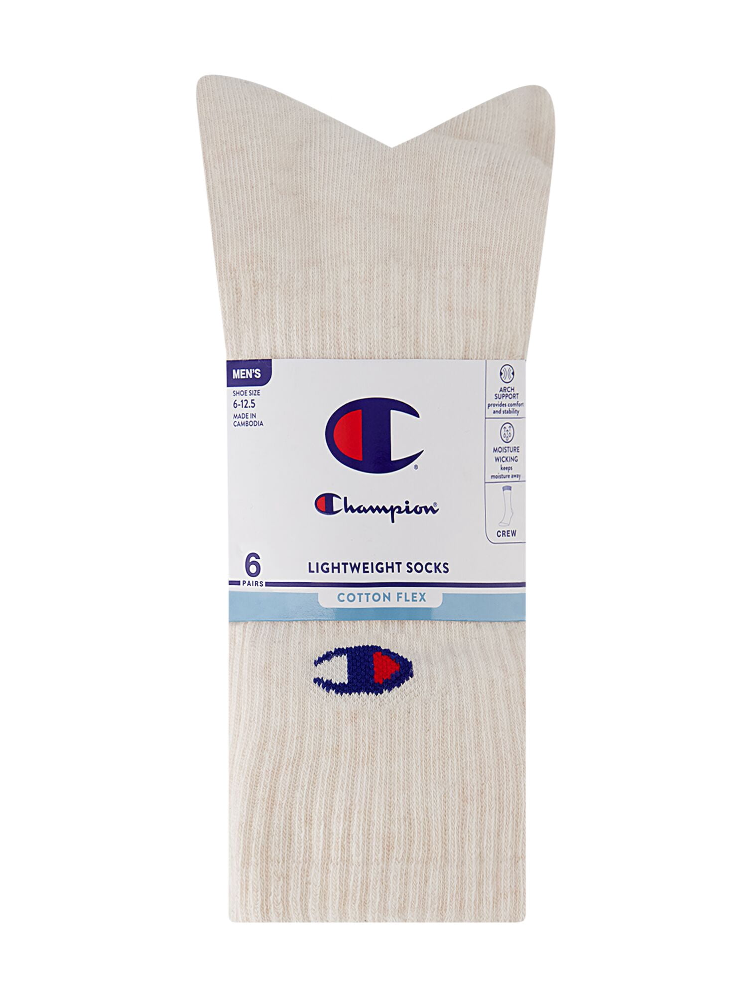 Champion Men’s Lightweight Crew Socks 6 Pack, Moisture-Wicking, Arch Support, Stretch Comfort, Sizes 6–12.5