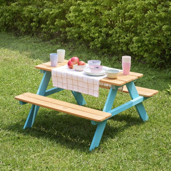 Teamson Kids Outdoor Wooden Picnic Table & Bench Set for Backyard, Patio, Garden, Weather-Resistant Finish