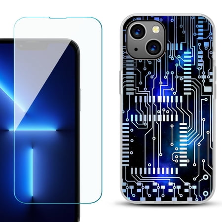 Slim-Fit Gel TPU Phone Case for iPhone 14 with Tempered Glass Screen Protector by OneToughShield ® - Cosmos Circuit
