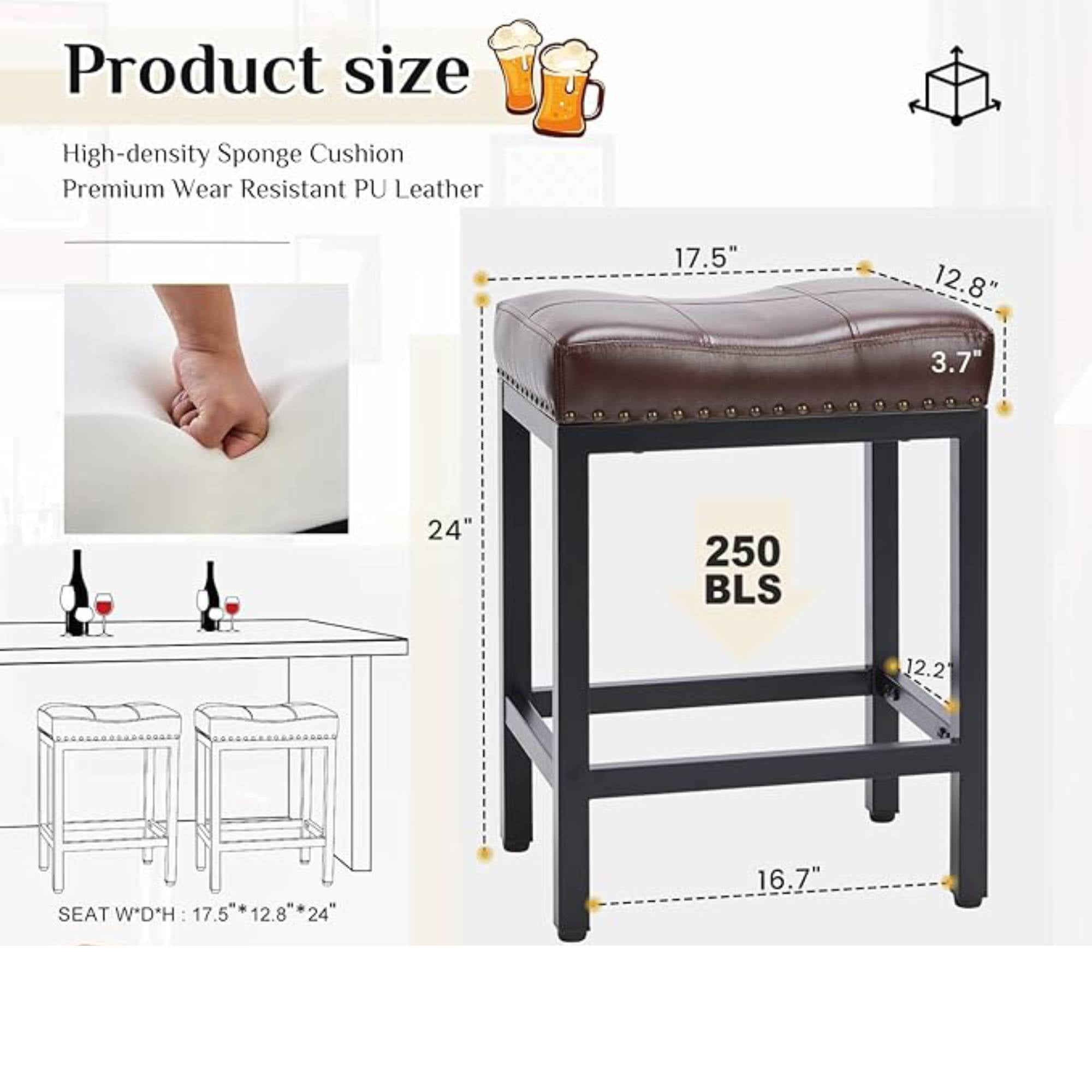 24 inch Saddle Bar Stools Set of 2 Leather Counter Height Bar Stools for Kitchen Island PU Sadless Stools Chair with Metal Footrest, Brown