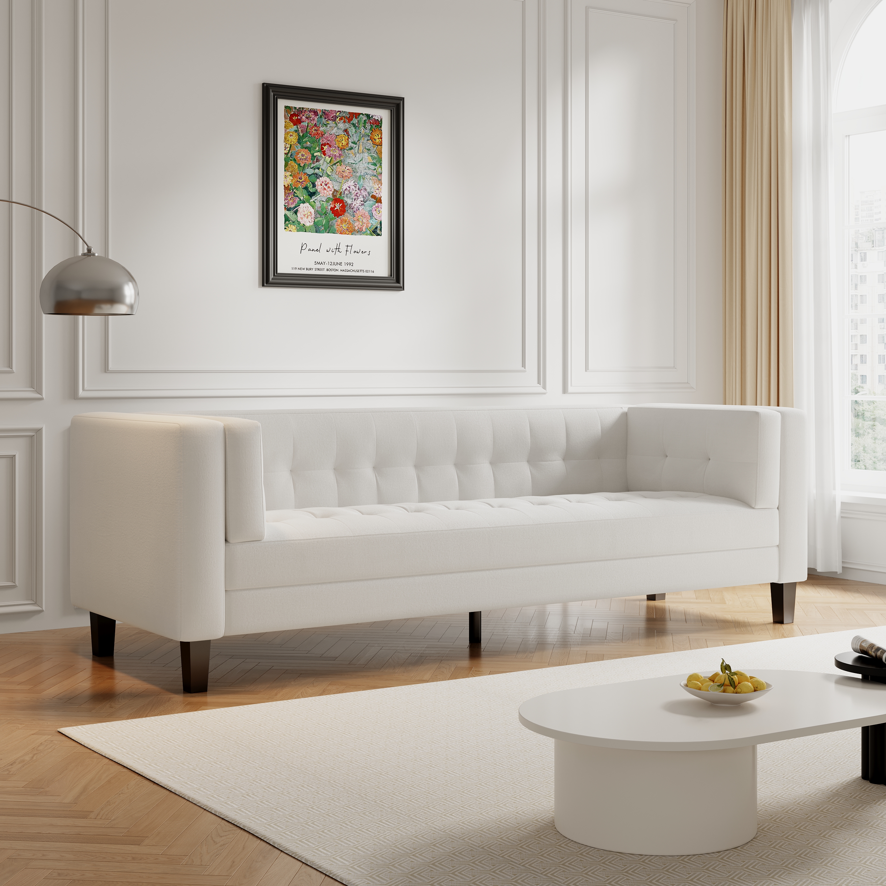 Miniyam 90 in Classic 3-Seater Sofa Modern Solid Print Velvet Tufted Coach, Ivory White