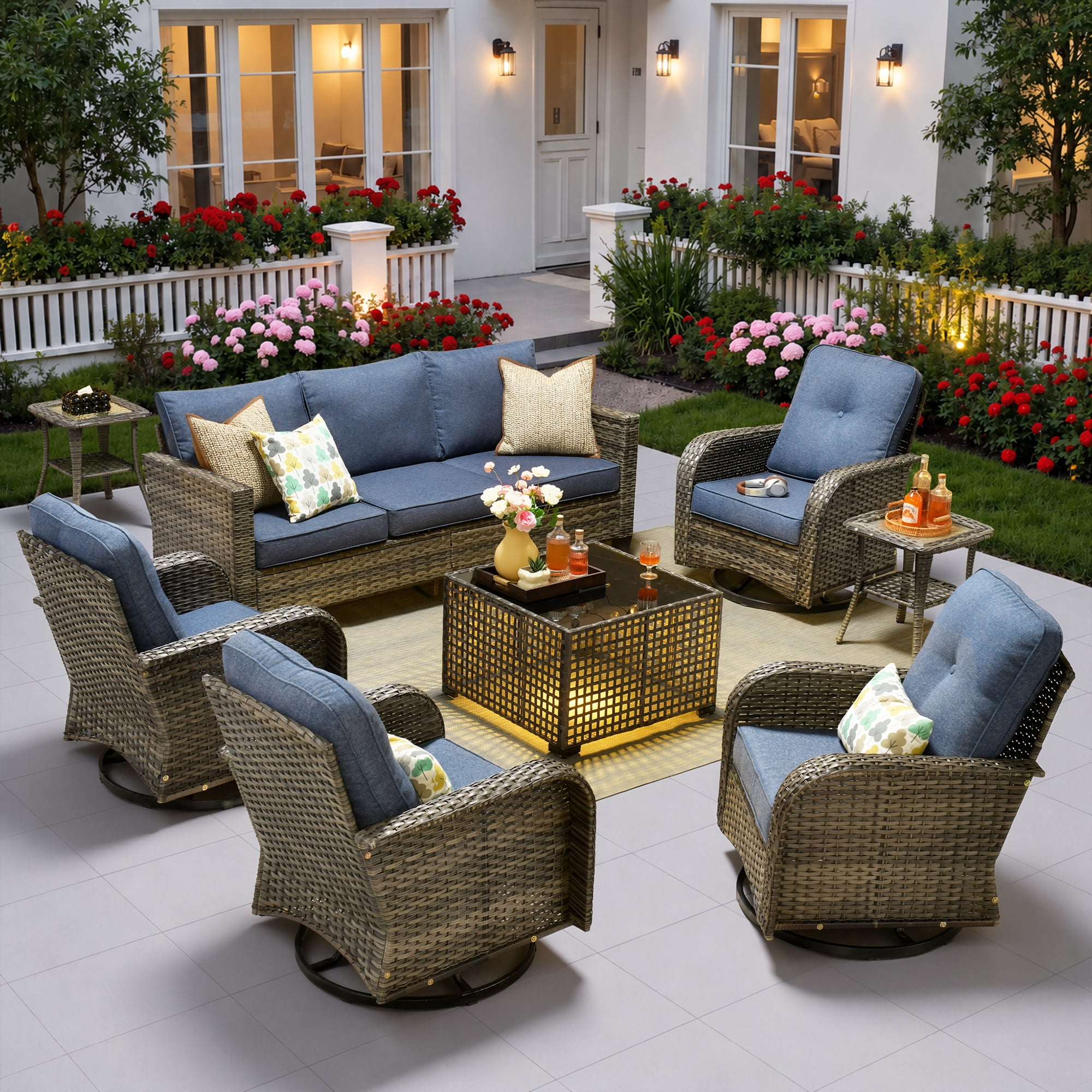 Ovios 8 Pieces Patio Furniture Set Outdoor Conversation All-Weather Rattan Sectional Sofa with Swivel Chairs & Solar Light Table