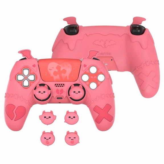 PlayVital Gothic Imp Series Cute Silicone Case for ps5 Controller with 4 Thumb Grips and 6 Stickers, Anti-Slip Silicone Skin Cover, Compatible with ps5 Charging Station, Peach Pink