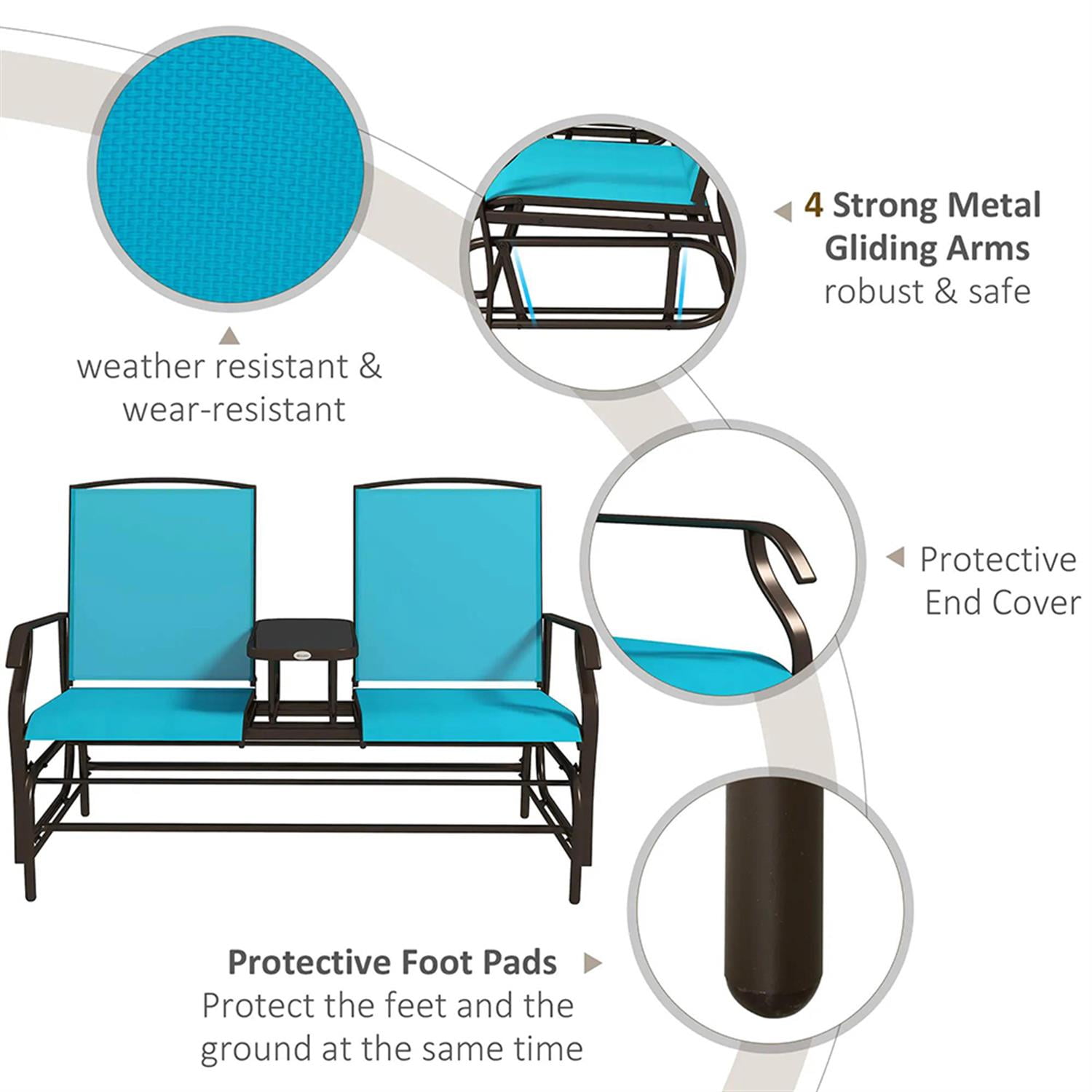 Demi Bonn Outdoor Glider Chairs with Center Table, Metal Frame Patio Loveseat Bench with Breathable Mesh Fabric and Armrests for Backyard Garden Porch, Blue