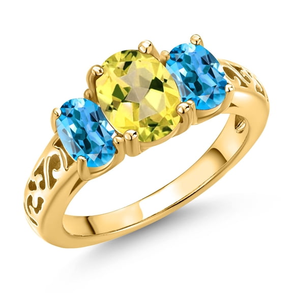 Gem Stone King 18K Yellow Gold Plated Silver Canary Mystic Topaz and Swiss Blue Topaz Filigree Style 3 Stone Ring for Women (2.66 Cttw, Oval 8X6MM and 6X4MM) (Size 8)