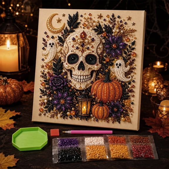 Halloween Pearl Art Kit with Frame – 3D DIY Beads Craft for Adults, Fall Home Decor Wall Art, Beginner-Friendly Seasonal Gift