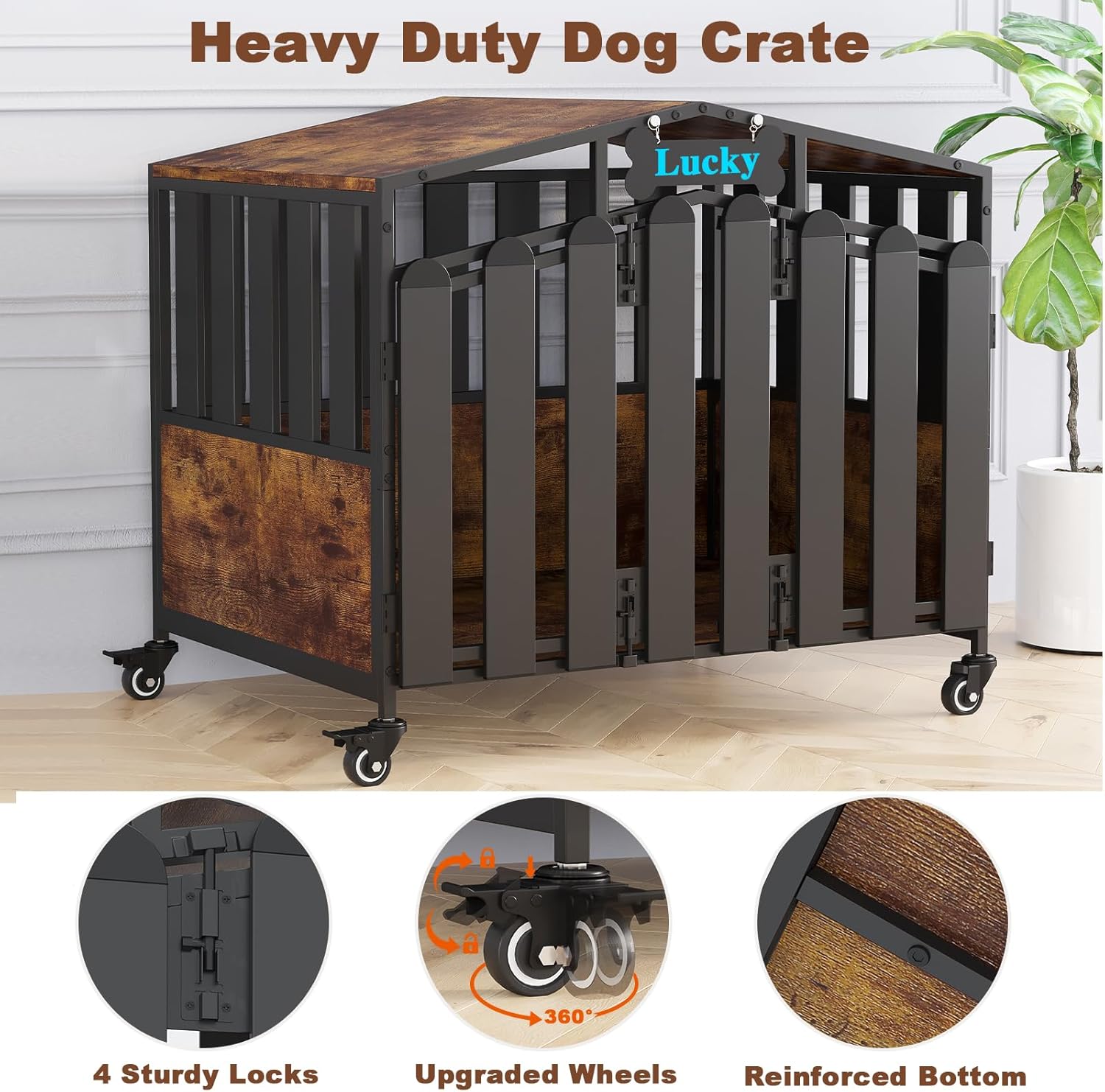 POAO 31"Heavy Duty Dog Crate Furniture with 360°Wheels,Dog Kennel Indoor for Small Dogs,Wooden Dog Cage with Feeding Window &Name Tag,Brown