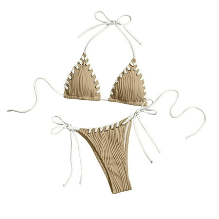 ZQGJB Women s 2 Piece Bikini Sets Vintage Smocked Halter Triangle Top Tie Side Bottom Swimsuit Bathing Suit Beachwear(Khaki S)