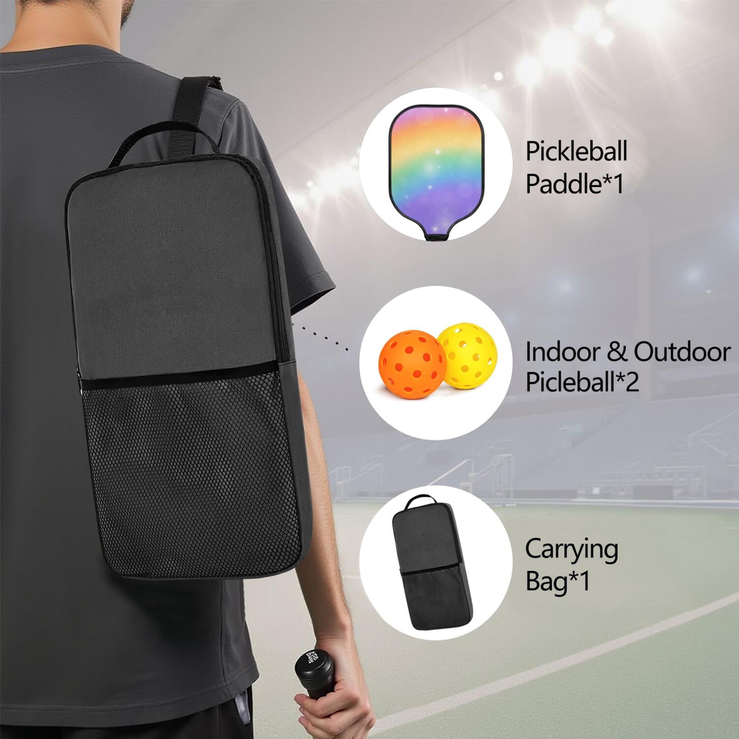 Pickleball Paddles Set Of 1, Fiberglass Surface, Vibrant Rainbow Print, 1 Paddle, 2 Balls & Bag