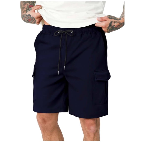 Busydd Men Cargo Shorts Solid Color Knee Length Summer Shorts Casual Elastic Waist Drawstring Mens Hiking Shorts with Pockets 2XL