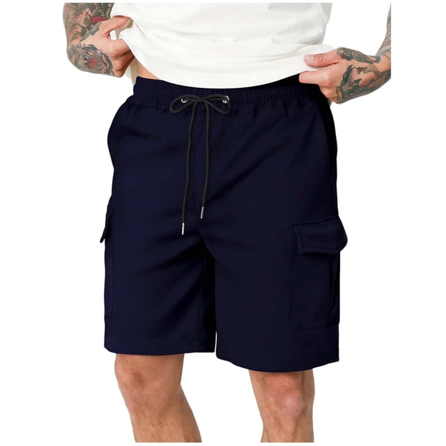 Mens Elastic Waist Shorts Solid Color Multi Pocket Casual Shorts for Men, Button Closure Work Pants with Drawstring
