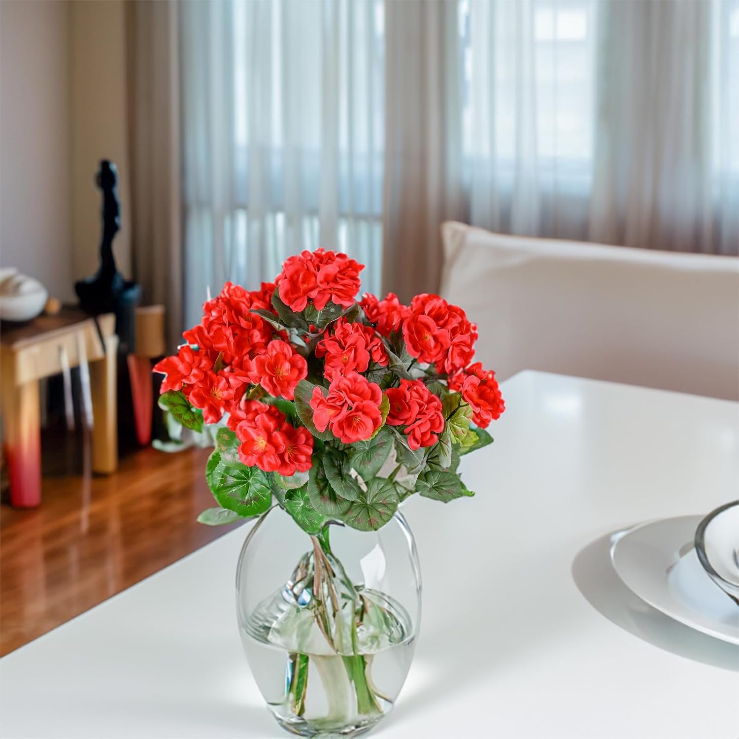 4 Packs Artificial Flowers for Outdoor 14'' Red Geranium Silk Flowers UV Resistant Garden Plants Bush Faux Flowers for Home Wedding Kitchen Table Centerpieces Grave Cemetary Vase Decor