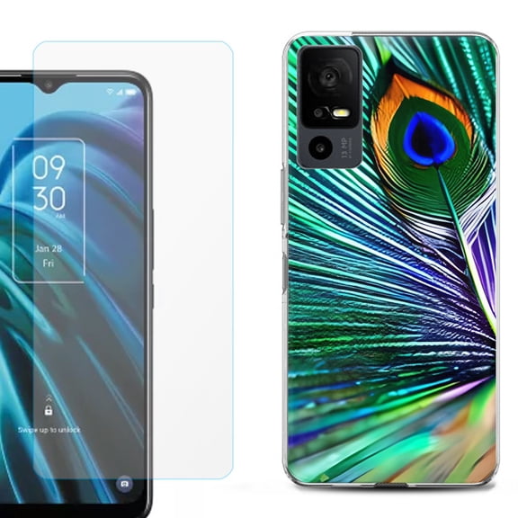 OneToughShield ® for TCL 40 XE 5G Shockproof Fashion Phone Case, with Tempered Glass Screen Protector - Peacock Feather