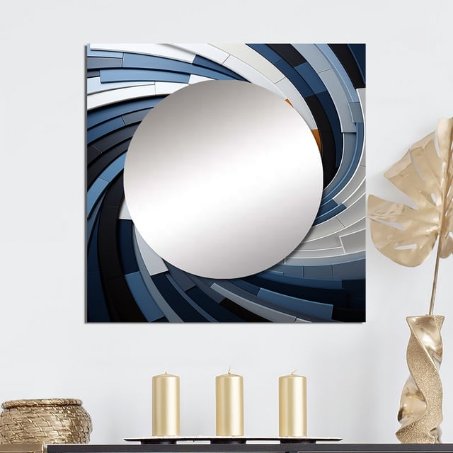 Designart "Geometric VORTEX II" Abstract Square Mirror Wall Decor Transitional - Large Blue Square Bathroom Mirror - Square Printed Wall Mirror Art