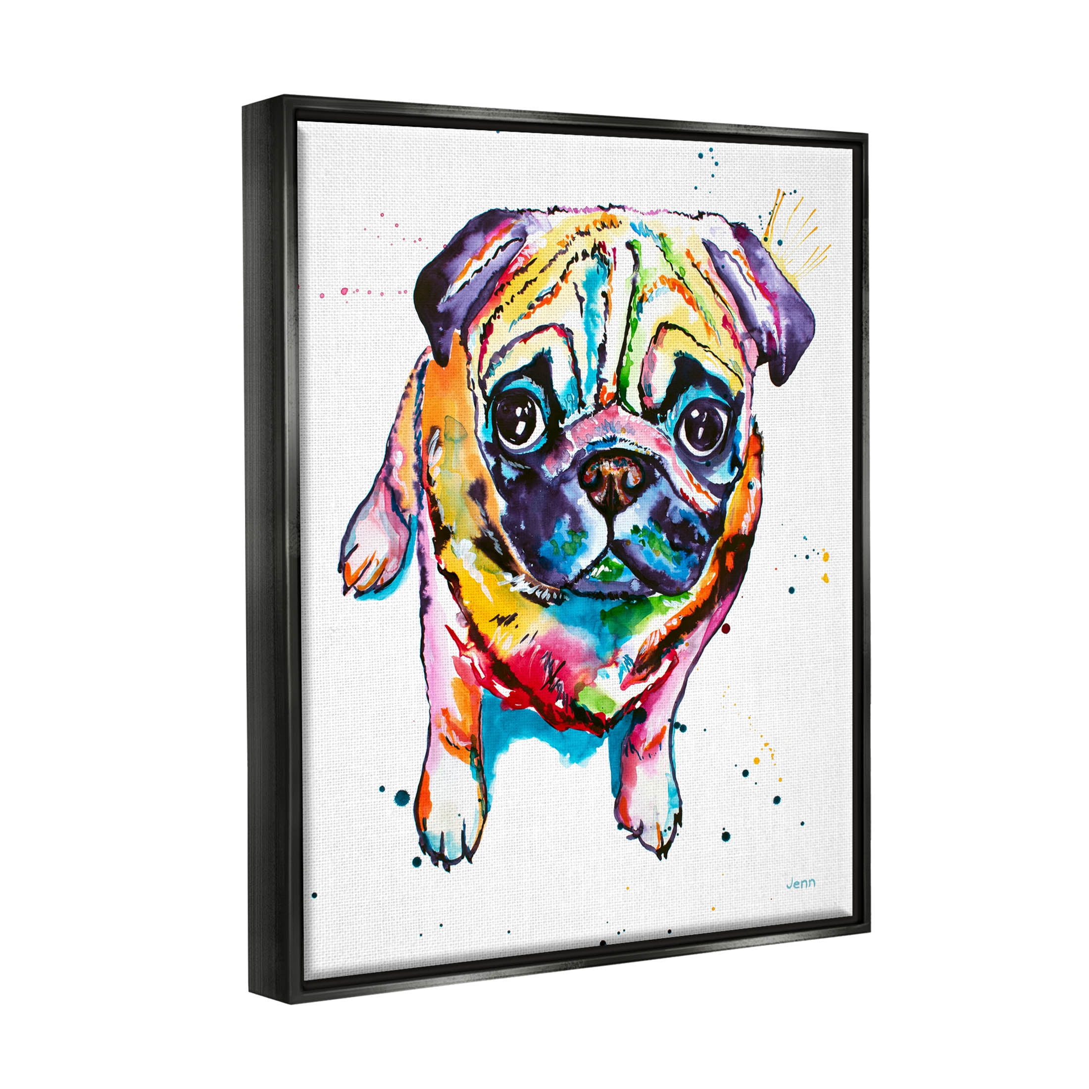 Fun Hued Pug Puppy Animal Animals & Insects Graphic Art Jet Black Framed Art Print Wall Art