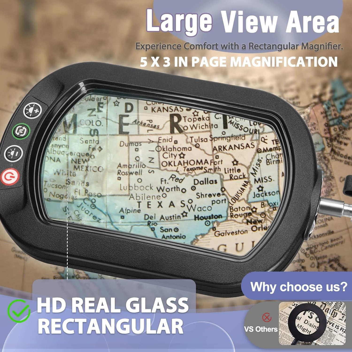 Large Magnifying Glass with Light and Clamp,  Optical Glass Lens, 5 Color Modes, Stepless Dimmable, LED 2*14 Inch Swing Arm Lighted Magnifier Hands Free for Crafts, Reading