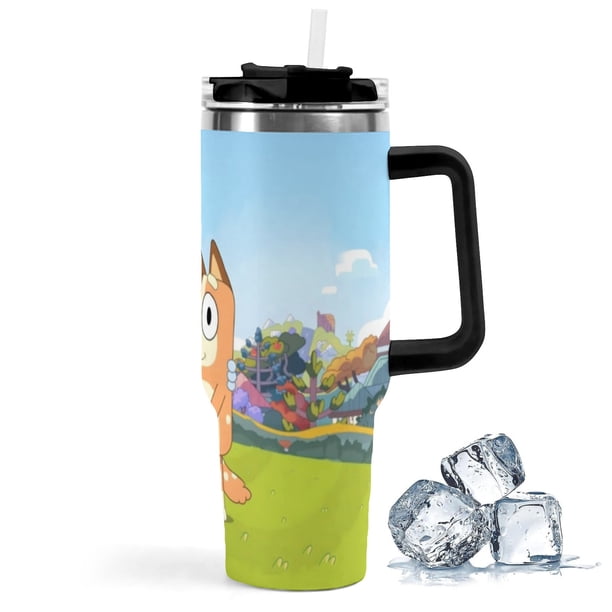 Bluey Vaso aislado de acero inoxidable con asa, diseño temático, regalo para familia, amigos y fans; incluye pajita y encaja en el portavasos estándar, 40 oz