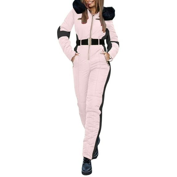 Pxkloy Womens Winter Onesies Ski Suit Jumpsuit Fashion Hooded Outdoor Sports Waterproof Snowsuit with Removable Faux Fur Collar 2025 Pink,S