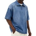 thumbnail image 1 of Blusa y camisa de manga corta con cuello vuelto para hombre, de manga corta, con cremallera, lavada, estilo vintage, informal, de verano, a la moda, blusa para hombre, 1 of 3