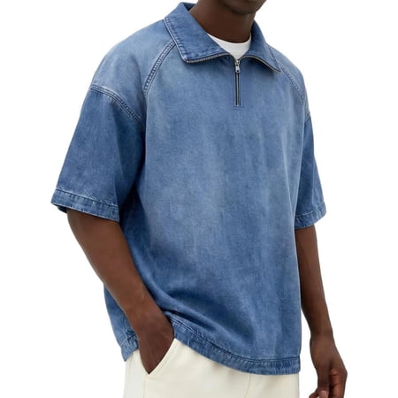 LEKWK Mens Shirts Vintage Wash Quarter Zip T Shirts Short Sleeve Casual Shirts Denim Look Summer Daily Streetwear Tees