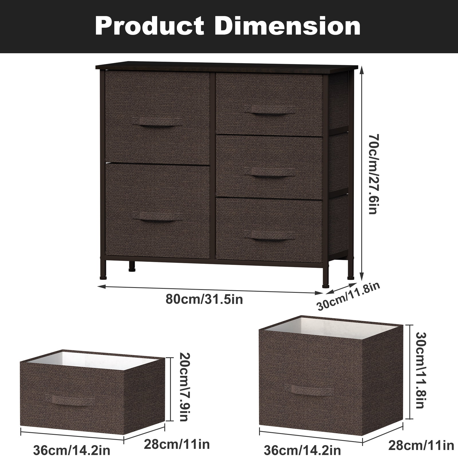 Dresser with 5 Drawers,Hengu Fabric Storage Tower, Organizer Unit for Bedroom, Living Room, Hallway, Closets & Nursery - Sturdy Steel Frame, Wooden Top & Easy Pull Fabric Bins,Brown