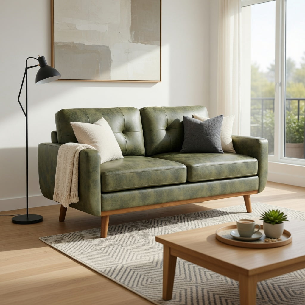 Hommoo 65" Mid-Century Modern Two-Seater Sofa, Breathable Polyester Fabric, Solid Wood Legs, Tool-Free Assembly, Olive Green