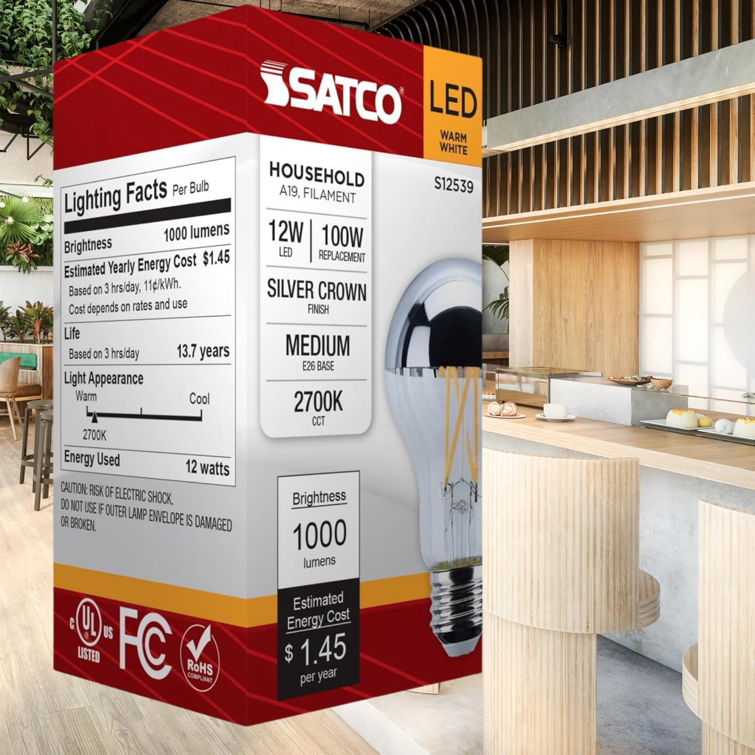 Satco S12539 LED Silver Crown A19 Light Bulbs 12W 120V 2700K E26 Medium Base Dimmable (6 Pack)