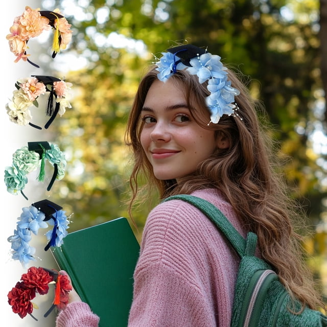 Diadema de graduación con mini gorra y flores de imitación de tela | Accesorio floral ajustable para el cabello para accesorios fotográficos de ceremonia de grado universitario | 8.7 "x6.7" Elegante