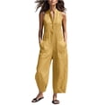 thumbnail image 3 of VV AVEORS Wide Leg Jumpsuits For Women Sleeveless Half Button Up Stand Collared Linen Jumpsuits Loose Casual Long Overall With Pockets Yellow L, 3 of 8