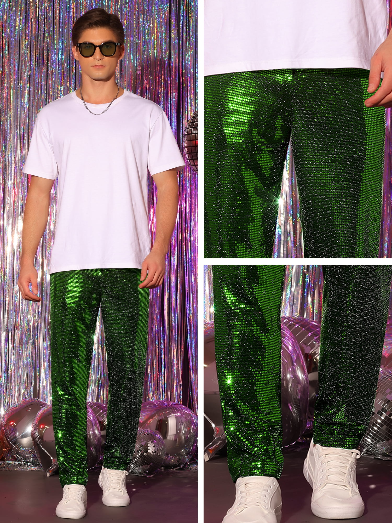 DARING DIVA Men's Sequins Pants Shiny Sparkly Straight Leg Trousers 34 Green
