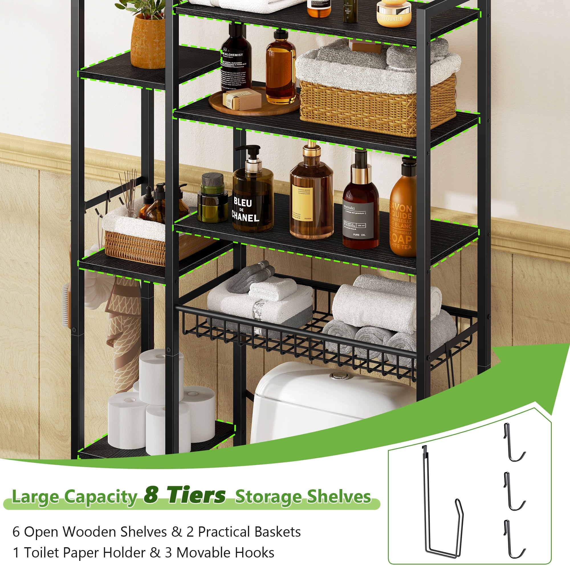 Biemlerfn 8-Tier Over the Toilet Rack, Bathroom Storage Organizer with Adjustable Shelves, Toilet Paper Holder & Hooks, Black