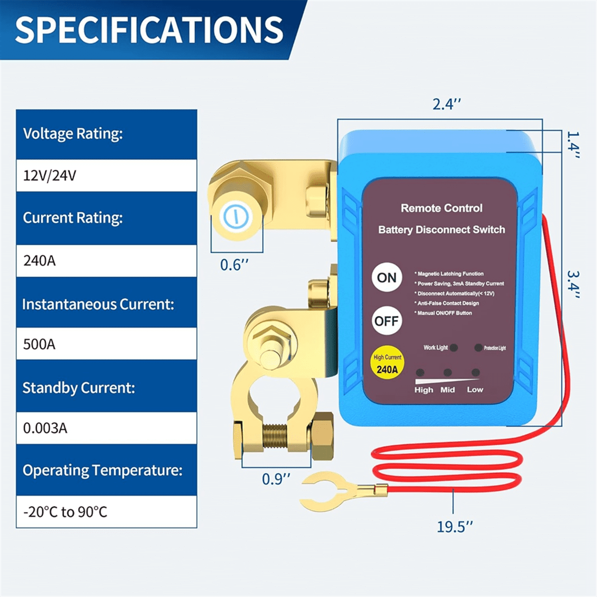 12V 240A Remote Battery Disconnect Switch, Automatic Power Off Switch