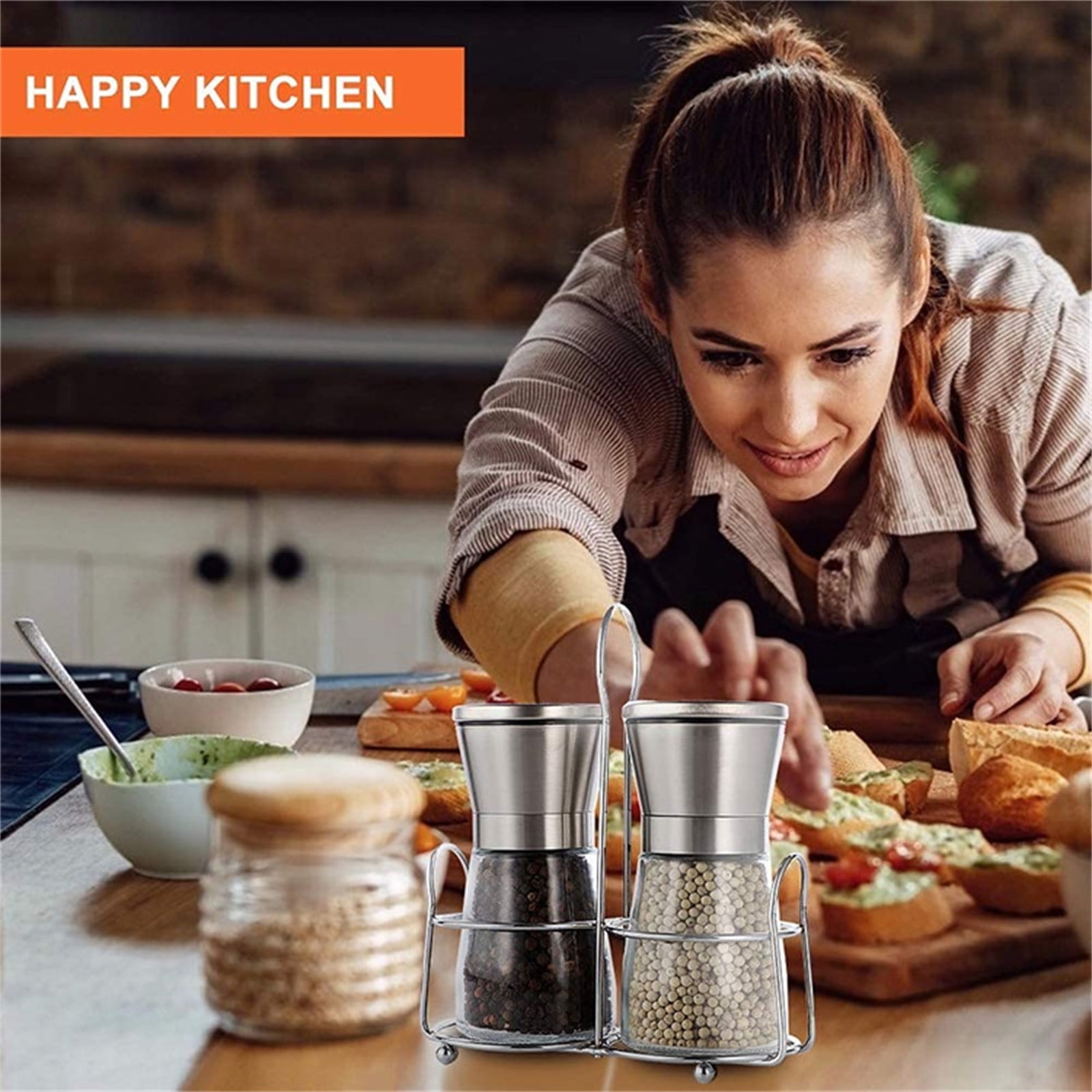 Piwvid 2 Pack Pepper and Salt Grinder Set, Stainless Steel Adjustable Coarseness Mill, Refillable Manual Grinder for Black Peppercorns, Easy to Clean, Kitchen Tool