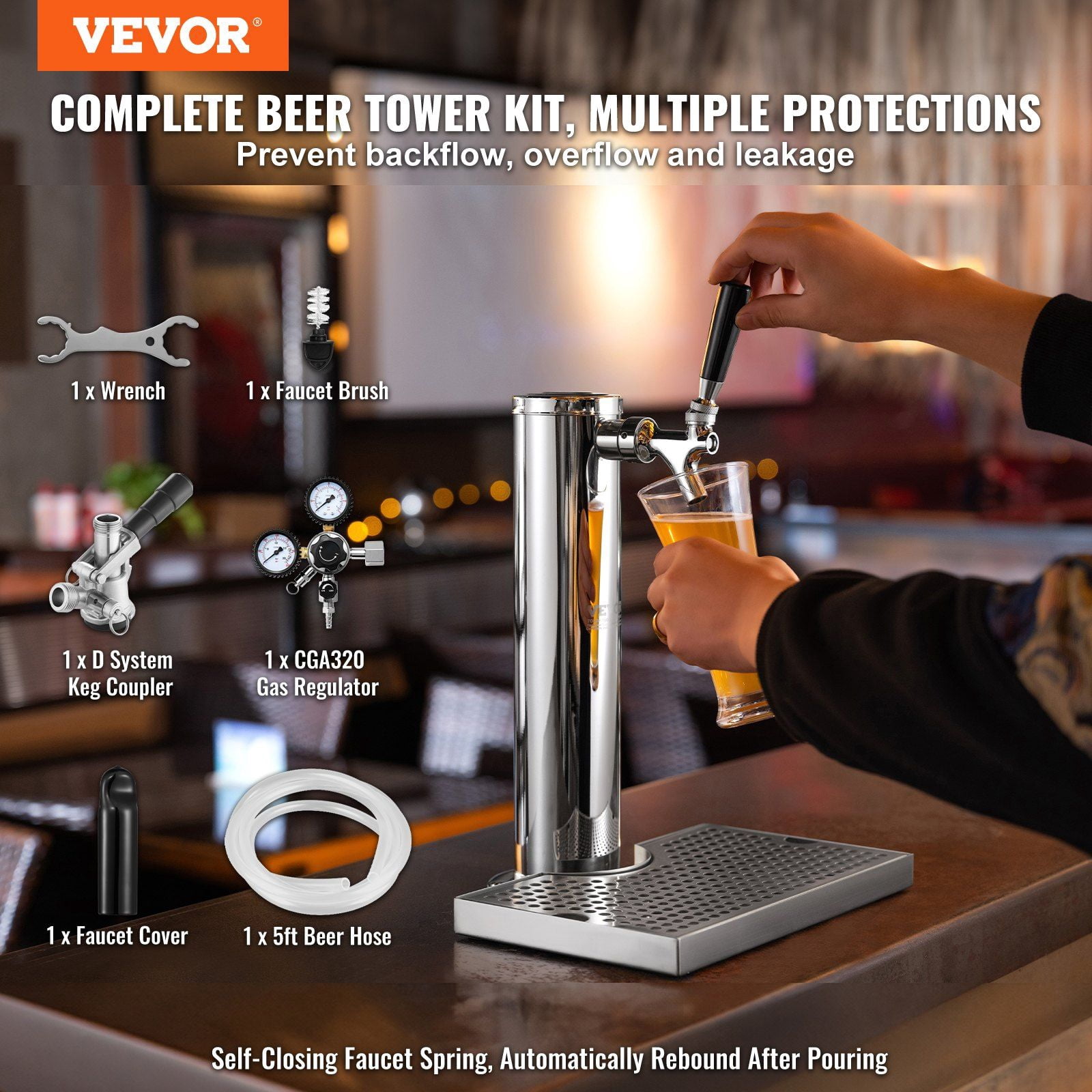 HCY Kegerator Tower Kit, Single Tap Beer Conversion Kit, Stainless Steel Keg Beer Tower Dispenser with Dual Gauge CGA320 Regulator & D-System Keg Coupler, Beer Drip Tray for Party Home
