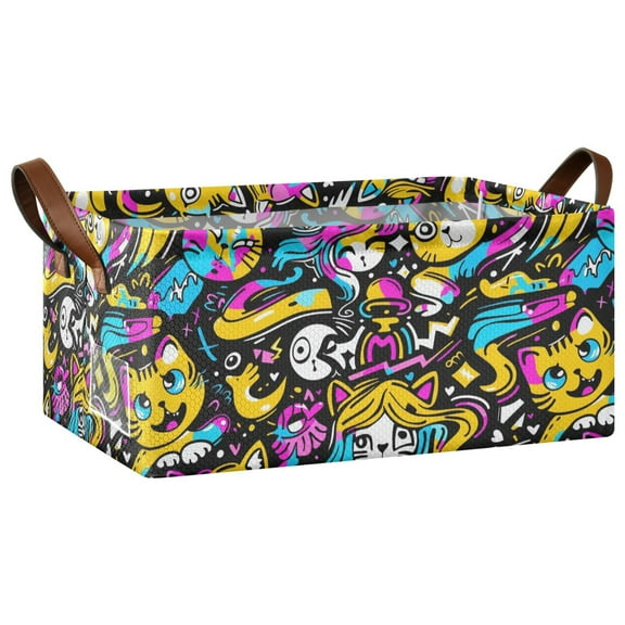 Funny Cats with Long Hair Collapsible Storage Bins Fabric Shelf Baskets with Handles 16.9"x11.4"x7.7" Closet Organizer