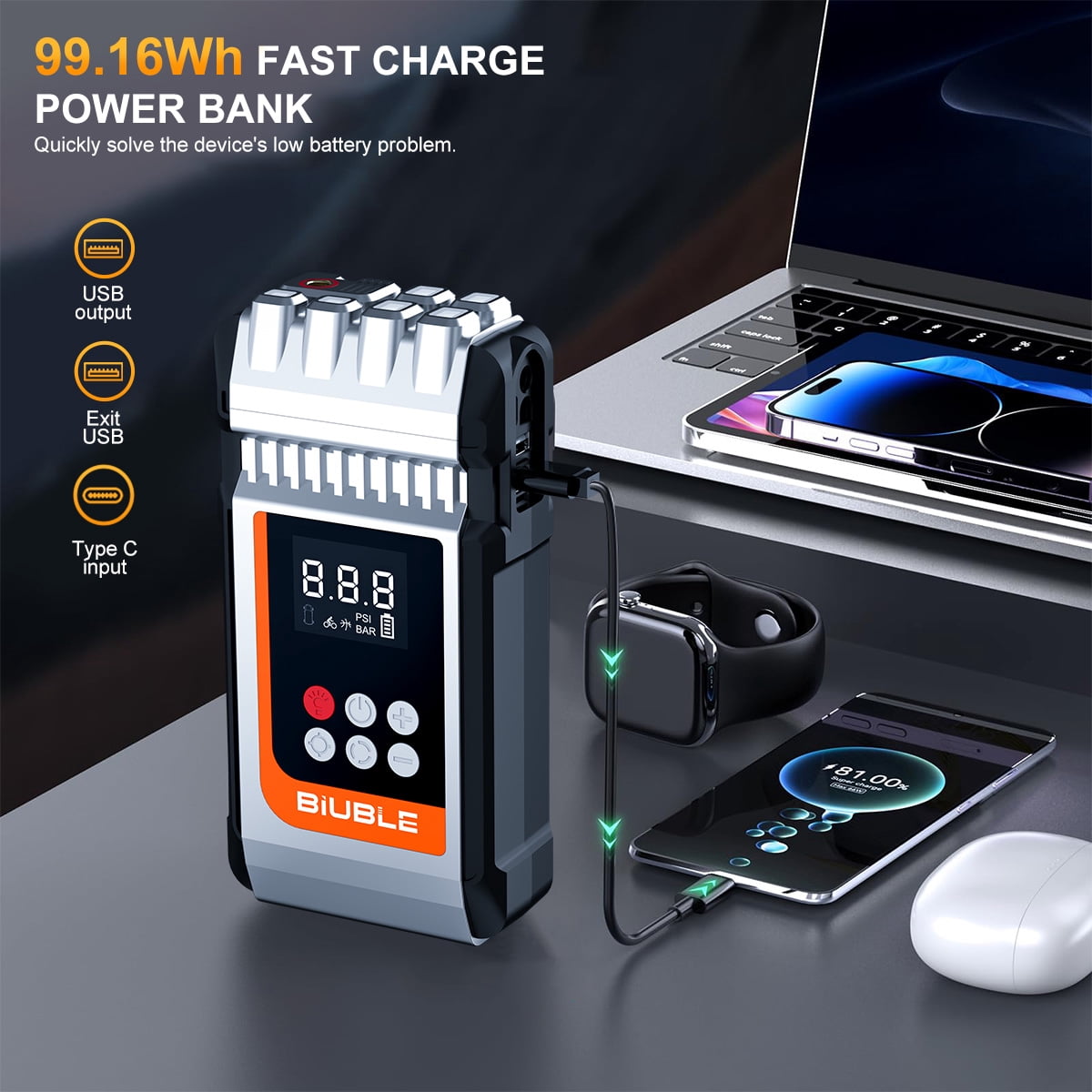 BIUBLE Portable Car Jump Starter with Air Compressor, 8000A Peak 12V Jump Box Car Battery Jumper Starter(All Gas/10.0L Diesel), 150PSI Digital Tire Inflator, LED Emergency, USB Cable, Emergency