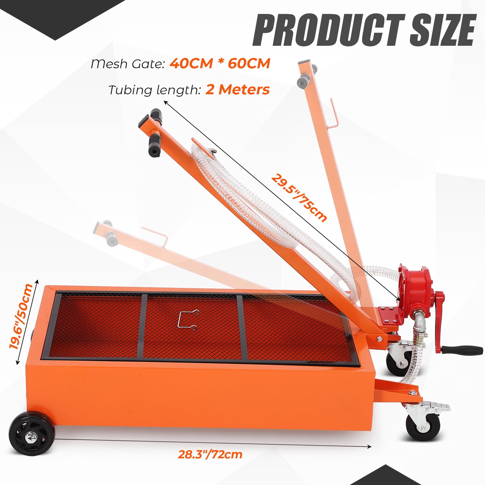 COZONY 15 Gallon Low Profile Oil Drain Pan w/ Folding Handle & Wheels, Oil Change Pan w/ 8FT Hose&Manual,Orange