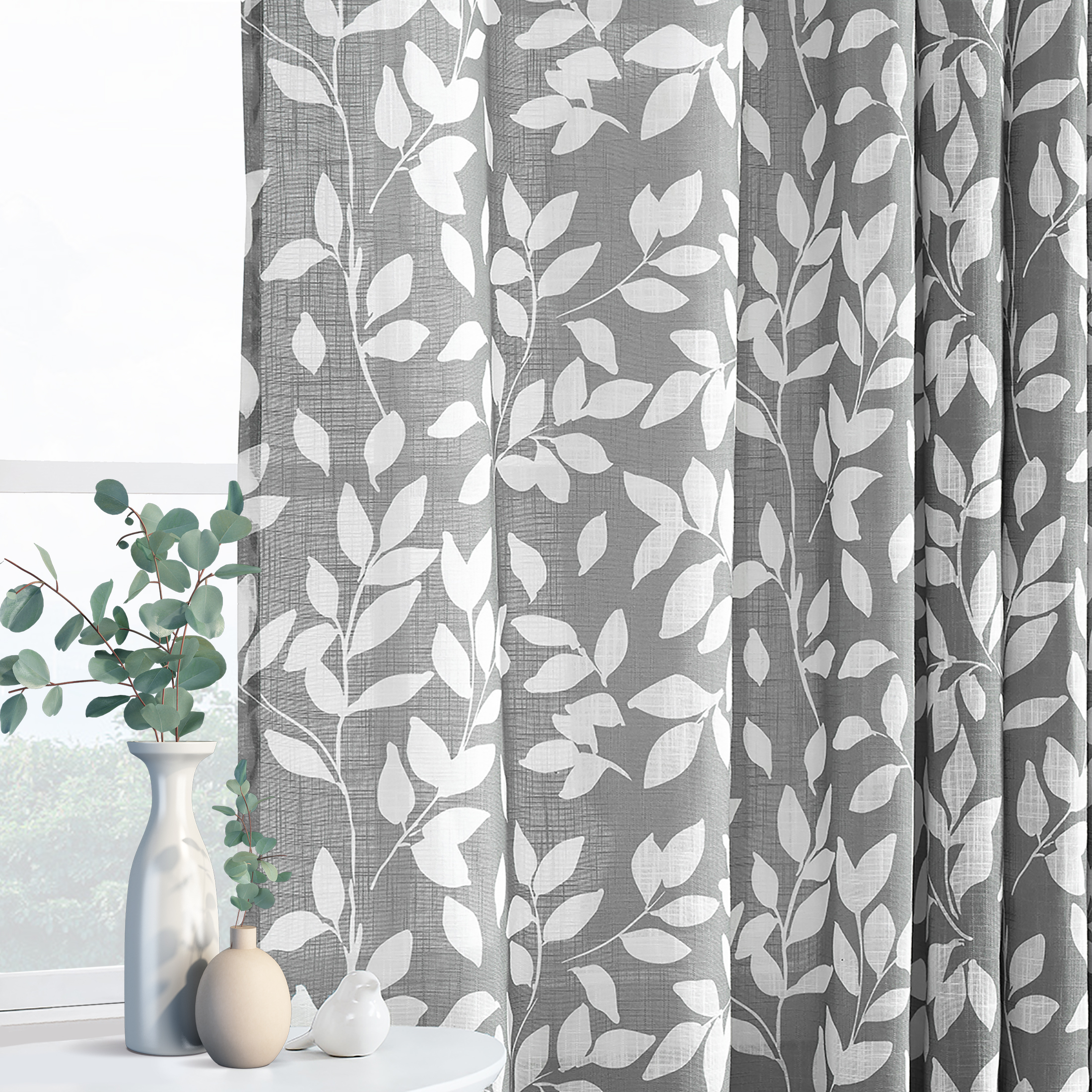Exultantex Semi Sheer Panels Leaf Curtains for Window,95" Length Linen Textured Living Room Bedroom Drapes, Grommet Top, 1 Pair,Grey
