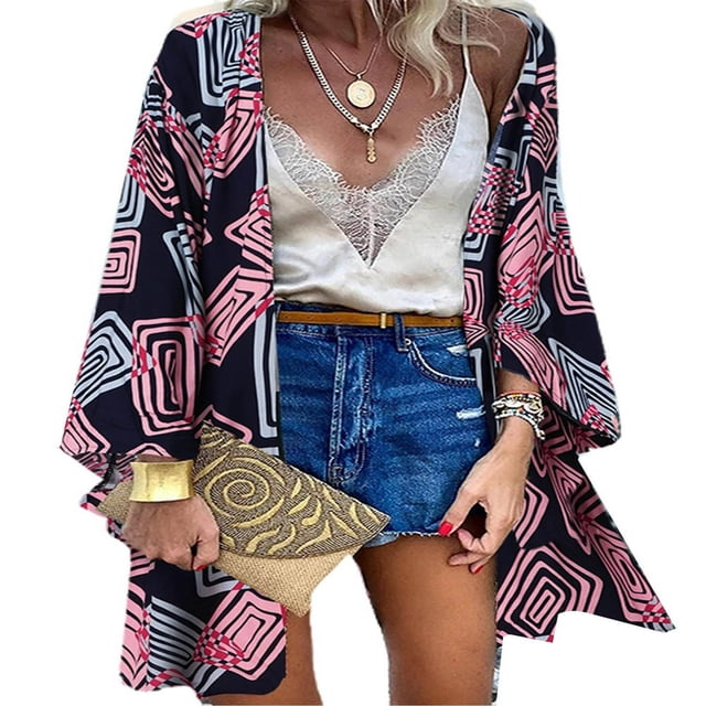 CHUANK Blouse à Manches Longues à Imprimé Bohème pour Femmes Grande Taille, par-Dessus, Kimono Cardigan Décontracté d'Été