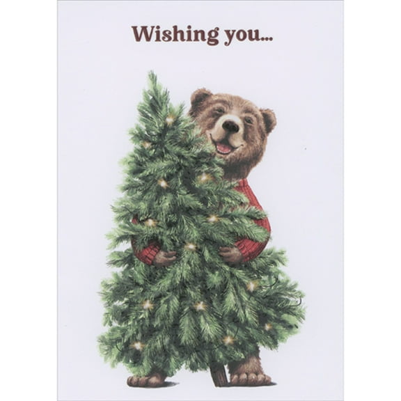 Designer Greetings Wishing You: Smiling Bear in Red Sweater Holding Evergreen Tree Box of 15 Christmas Cards