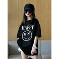 thumbnail image 1 of 1pc Teen Girls' Oversized Casual T-Shirt with Bold "HAPPY" Letter & joyful Face Print - Soft Cotton Blend, Crew Neck, Short Sleeve, Loose Fit for Spring/Summer, 1 of 6