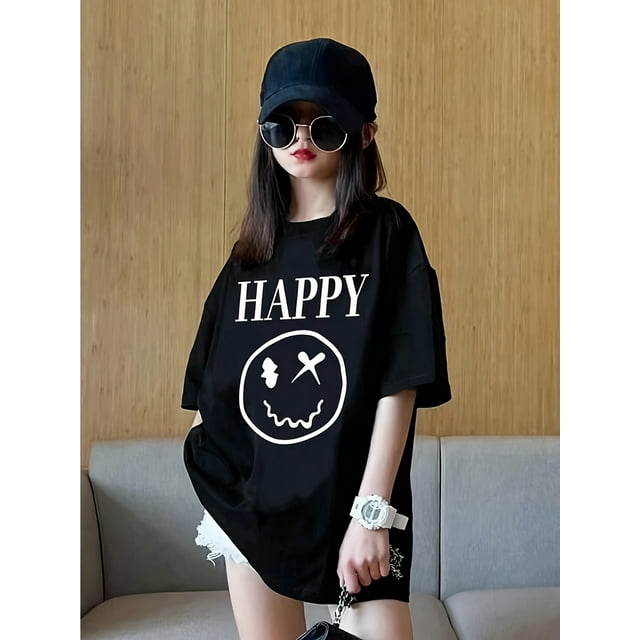 1pc Teen Girls' Oversized Casual T-Shirt with Bold "HAPPY" Letter & joyful Face Print - Soft Cotton Blend, Crew Neck, Short Sleeve, Loose Fit for Spring/Summer