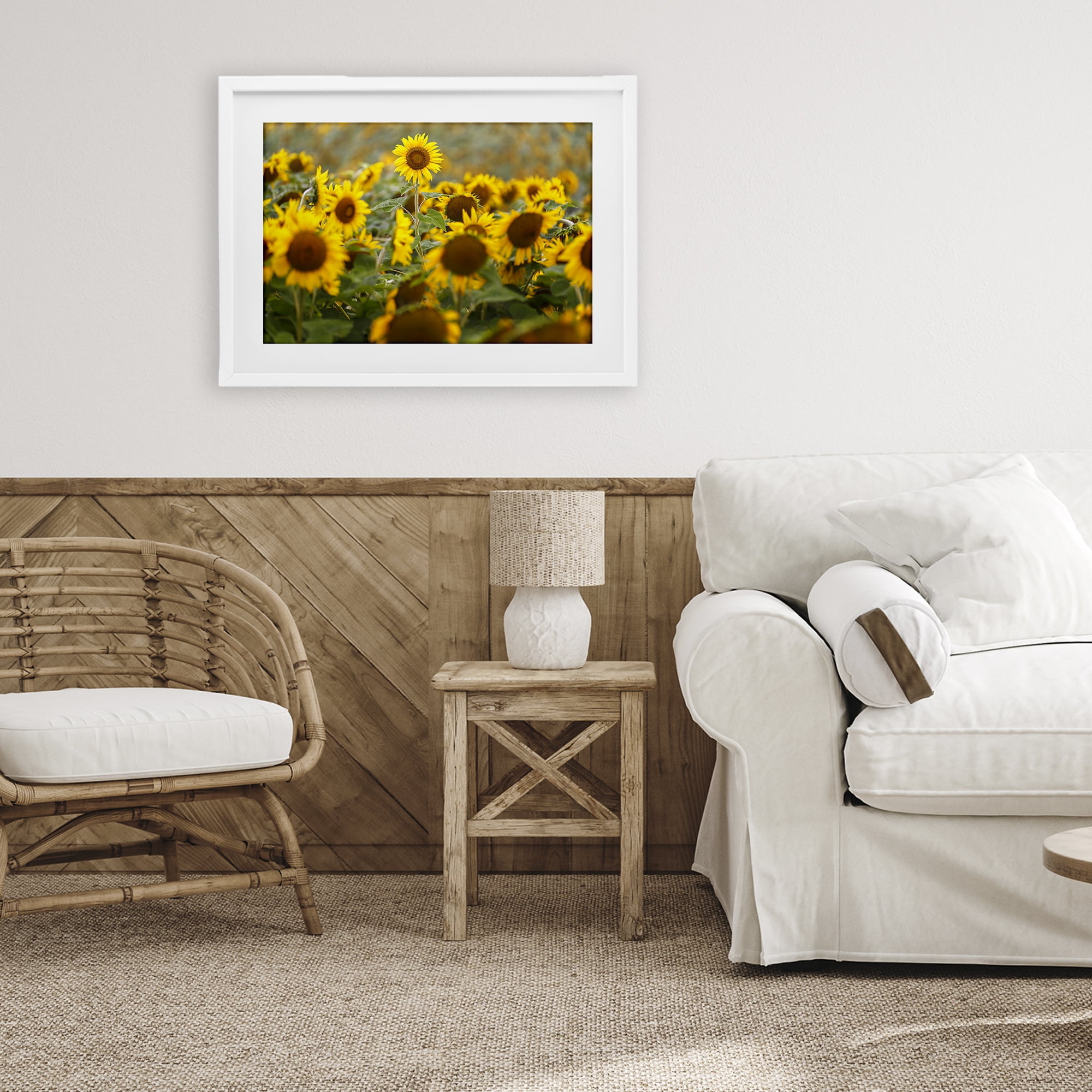 Central Sunflower in Meadow White Framed Print Under Glass, design by Andy Crawford