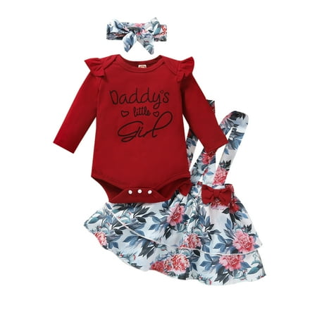 

Meihuida Baby Girl Outfits Long Sleeves Romper + Suspenders Skirt + Hairband