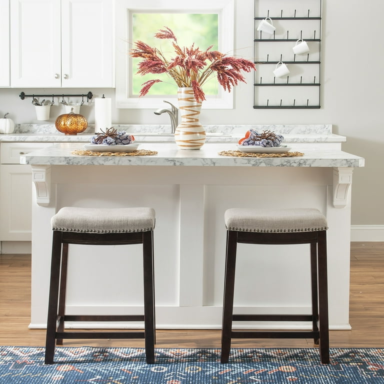 Linon Hampton Counter Stool Beige Padded Seat Wood Frame in Dark Walnut Brown