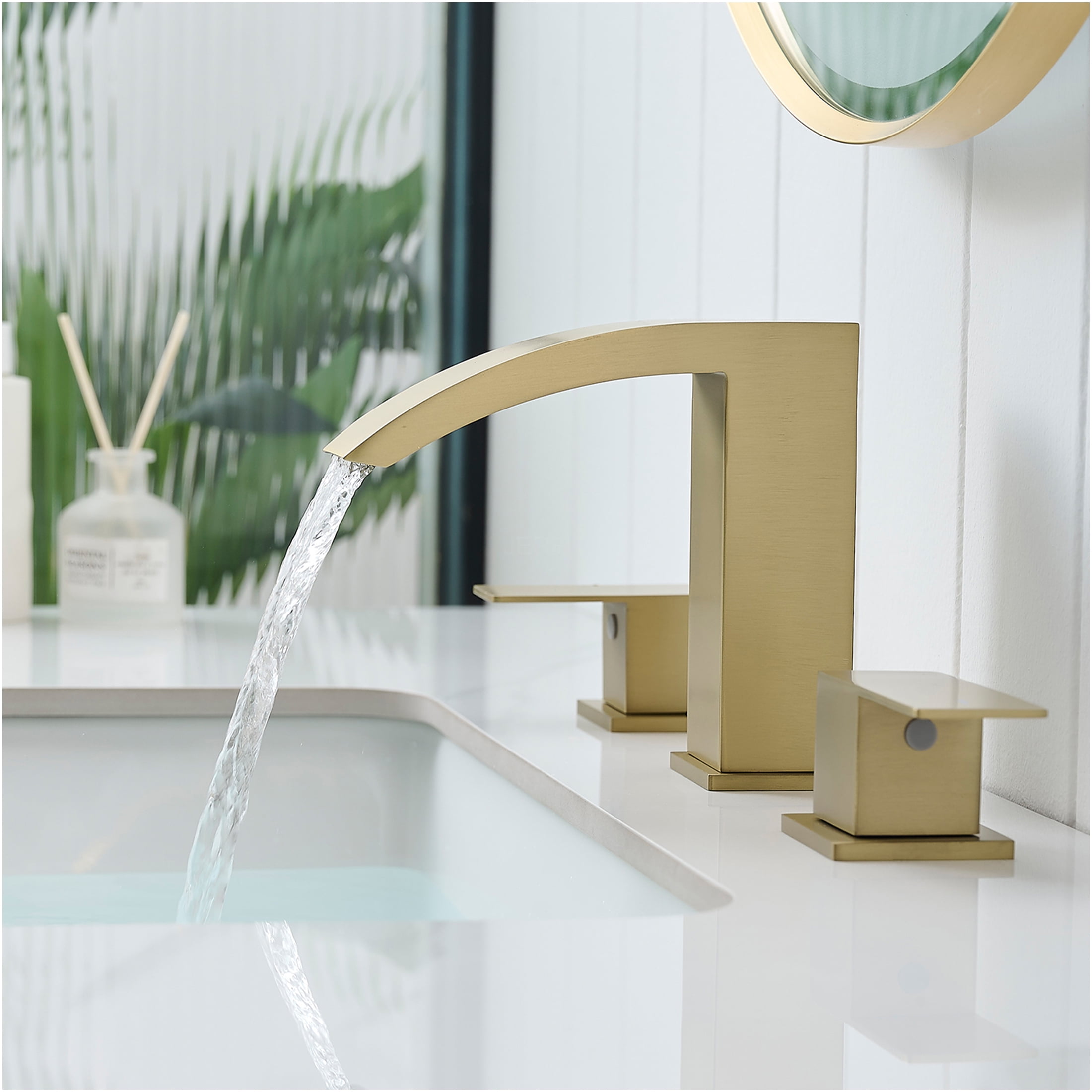 JERFIT 8 inch Widespread Bathroom Sink Faucet, Brushed Gold 3-Hole Vanity Faucet with Double Lever Handles, Stainless Steel Basin Mixer Tap