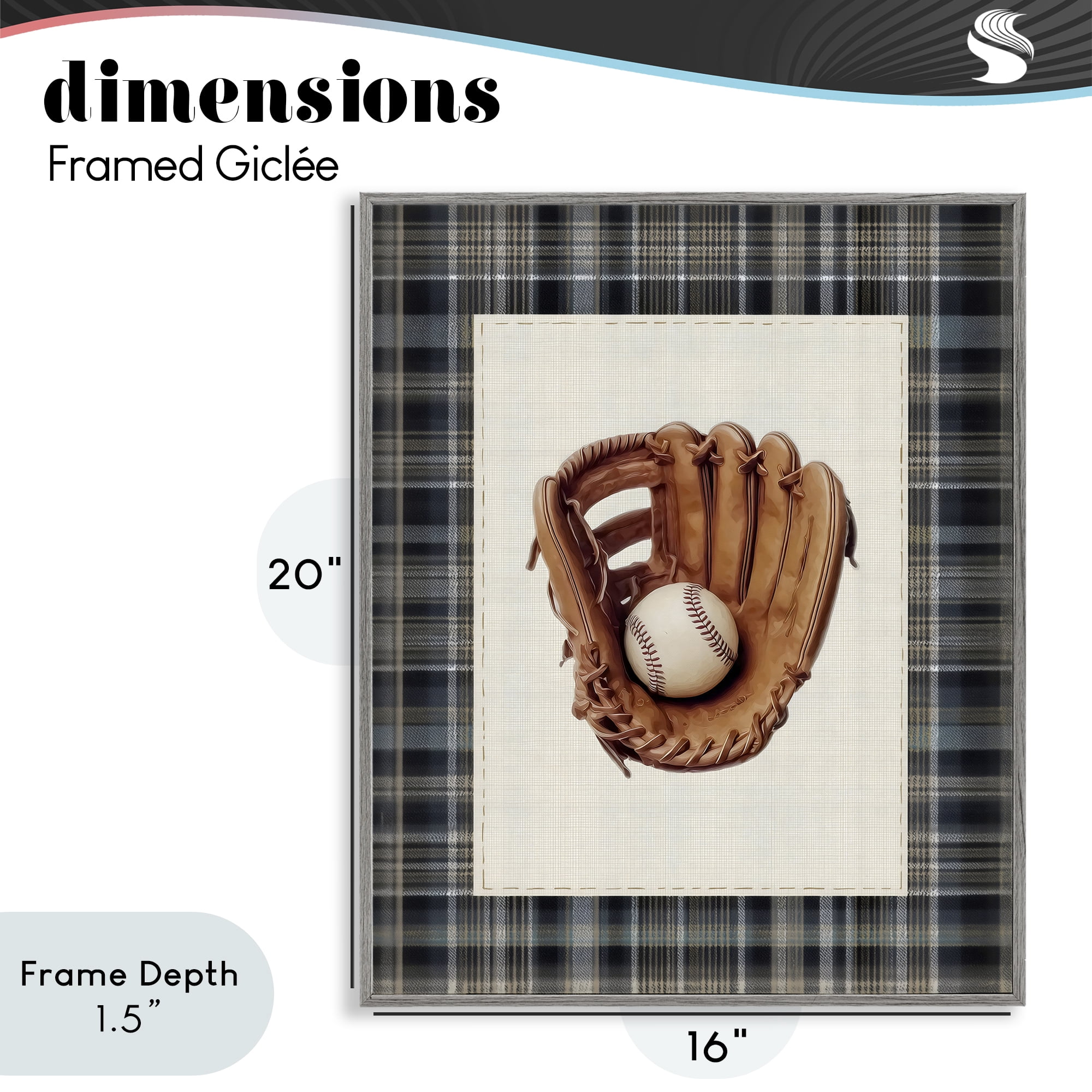 Stupell Industries Baseball Glove with Plaid Gray Framed Giclee Art, design by Arlington Prints