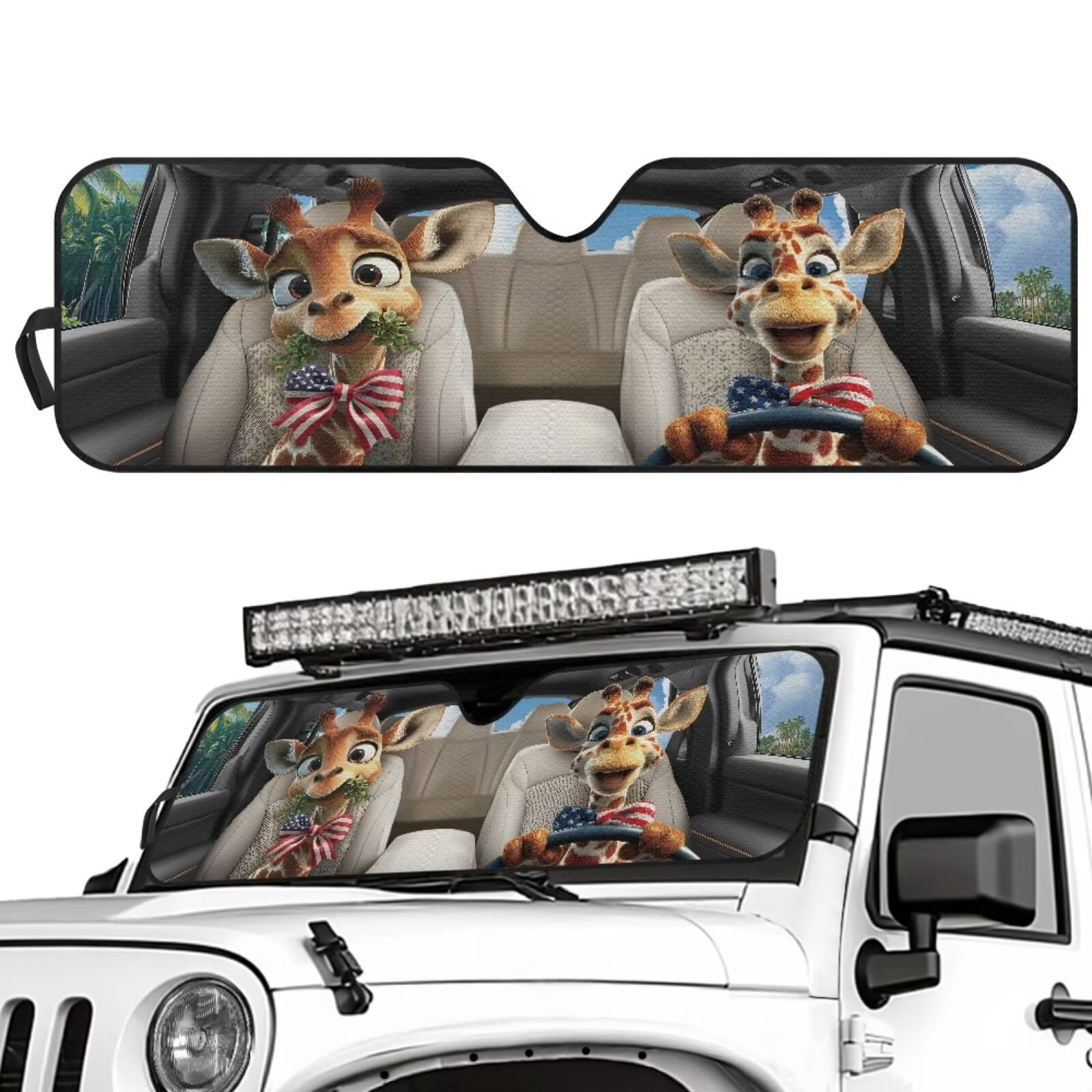 Uorisanigo Windshield Sunshade Sun Shade American Flag Giraffe Driving Heat Shield Compatible with Jeep Wrangler JK JKU JL JLU1997-2024, Sun Visor Mat Protection for Car Interior